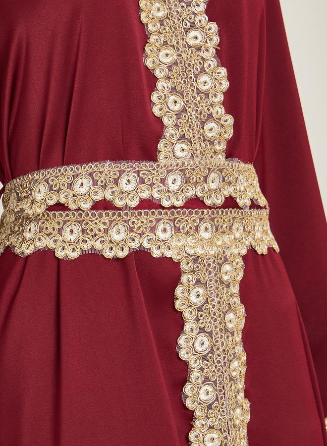 Amirah Women Burgundy Gold Embroidery Kaftan - Image 4