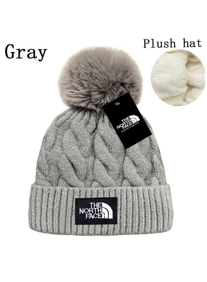 The North Face Gray Plush Knit Beanie with Giant Fur Pom-Pom – Ultra Warm Winter Skull Cap for Cold Days 577Size