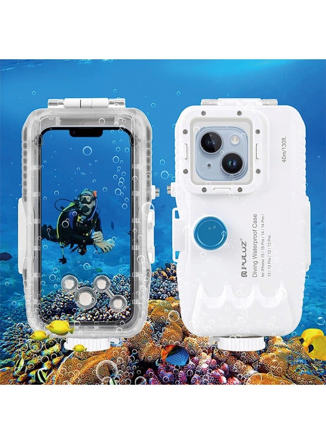 PULUZ PULUZ Waterproof Case for iPhone 15Pro/15/14/14 Pro/13/13 Pro/12/12 Pro，PC+Glass Protective Case 40m/130ft Waterproof Diving Case Underwater Housing Cover for Surfing Snorkeling Kayaking White  - Image 1