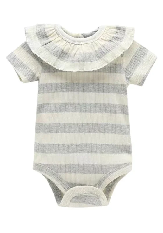 Bambimici Bambimici Striple Print Cream- Grey Short Sleeve Bodysuit