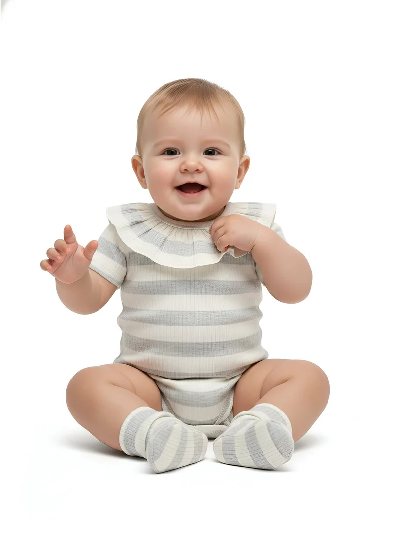 Bambimici Bambimici Striple Print Cream- Grey Short Sleeve Bodysuit