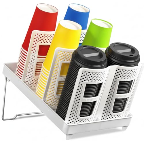 wymulot 6Slot Paper Cup and Lid Holder Disposable Coffee Cup Dispenser Upright Paper Cup Dispenser for Coffee Stations Kitchens Bars Restaurants Lounges White - Image 1