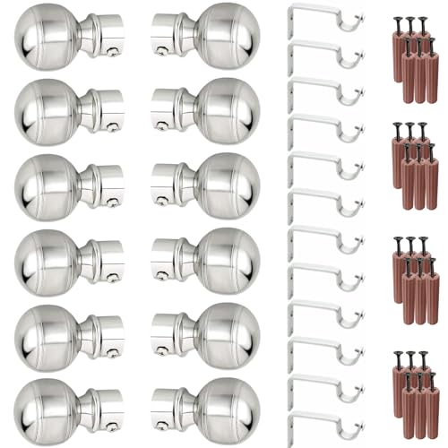 GRIVAN Stainless Steel Curtain Bracket Parda Holder With Support 1 Inch Rod Pocket Finials Designer Door and Window Support Fittings (Silver Pair of 6) - Image 1