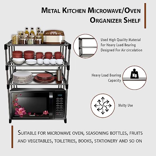 Raxon World® Metal Microwave Stand || Microwave & OTG Stand for Kitchen Counter|| Double Platform for Extra Storage || 3 Shelves Oven Rack (Black, (Metal)) - Image 4