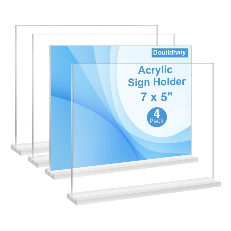 Douildhaiy 4 Pack Acrylic Sign Holder 5 x 7 Horizontal T Shape Double Sided Table Menu StandsClear Paper Display Stands for Table NumbersPhoto FramesOfficeRestaurant Landscape