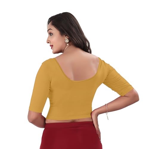 DESI GIRL - Round Neck Cotton Lycra Regular Fit Saree Blouse for Women | Bracelet - 3/4 Sleeve Readymade Stretchy Embroidered Design Festive Blouse Perfect for Saree, Lehenga, Kurti | Golden - 44 - Image 3