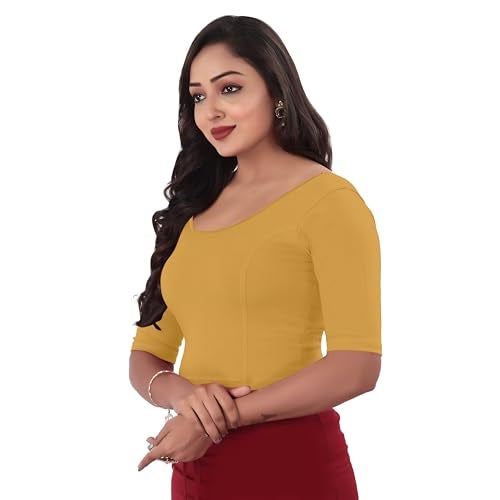 DESI GIRL - Round Neck Cotton Lycra Regular Fit Saree Blouse for Women | Bracelet - 3/4 Sleeve Readymade Stretchy Embroidered Design Festive Blouse Perfect for Saree, Lehenga, Kurti | Golden - 44 - Image 2