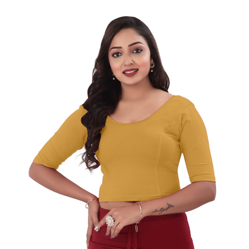 DESI GIRL - Round Neck Cotton Lycra Regular Fit Saree Blouse for Women | Bracelet - 3/4 Sleeve Readymade Stretchy Embroidered Design Festive Blouse Perfect for Saree, Lehenga, Kurti | Golden - 44 - Image 4