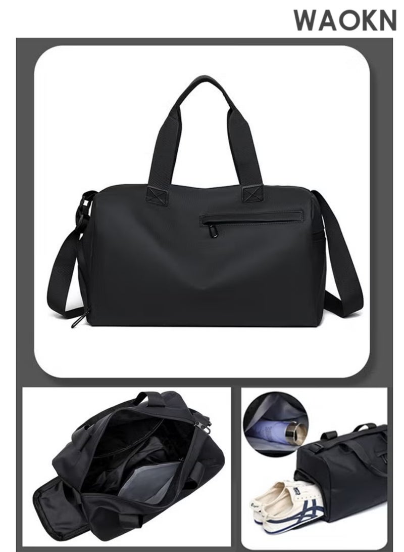 WAOKN Black Gym Bag & Travel Bag for Men & Women - Large Capacity Duffle Bag with Dedicated Ventilated Shoe Compartment & Waterproof Wet Pocket for Towels/Swimwear - Sports Workout Overnight Weekender Carry-On Bag - Image 1
