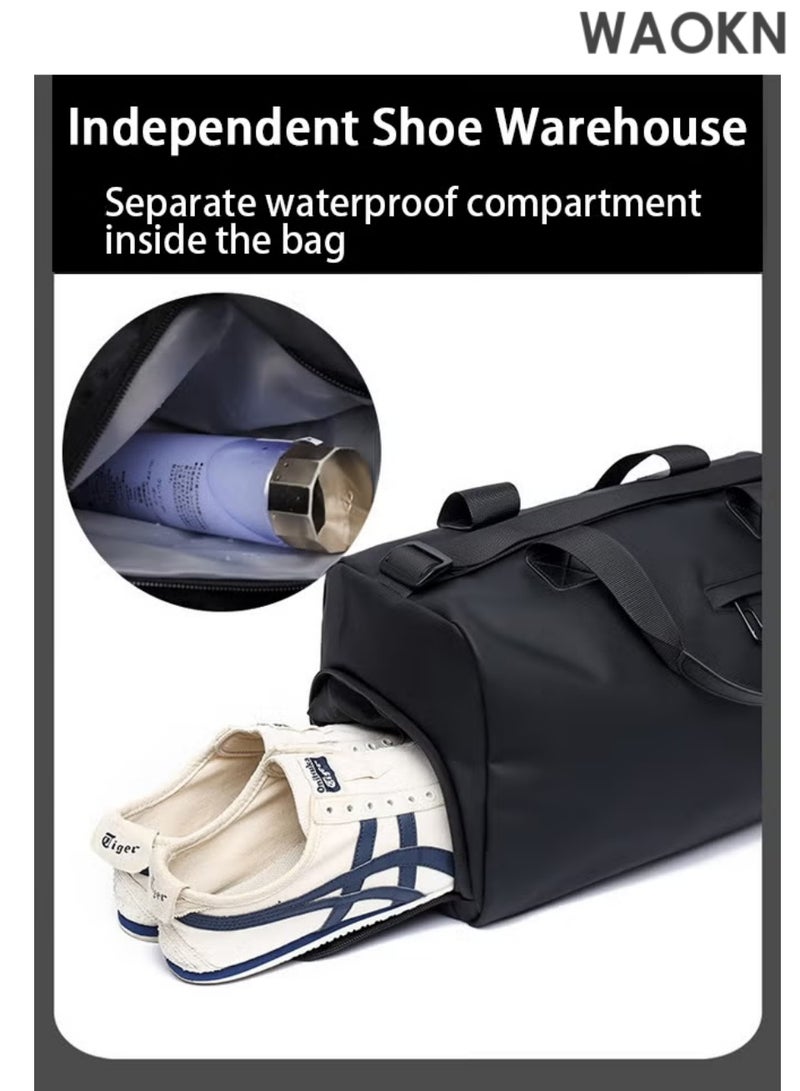 WAOKN Black Gym Bag & Travel Bag for Men & Women - Large Capacity Duffle Bag with Dedicated Ventilated Shoe Compartment & Waterproof Wet Pocket for Towels/Swimwear - Sports Workout Overnight Weekender Carry-On Bag - Image 2