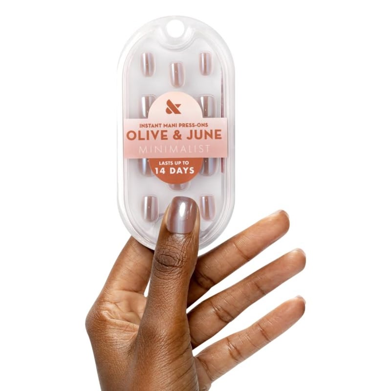 Olive & June Minimalist Instant Mani Press On Nails (Glue) | 42 Fake Nails, 21 Sizes | Non-Toxic, Long-Lasting Barely-There Look | Salon-Quality at Home | Extra Short, Squoval | Taupe Jelly Chrome - Image 1