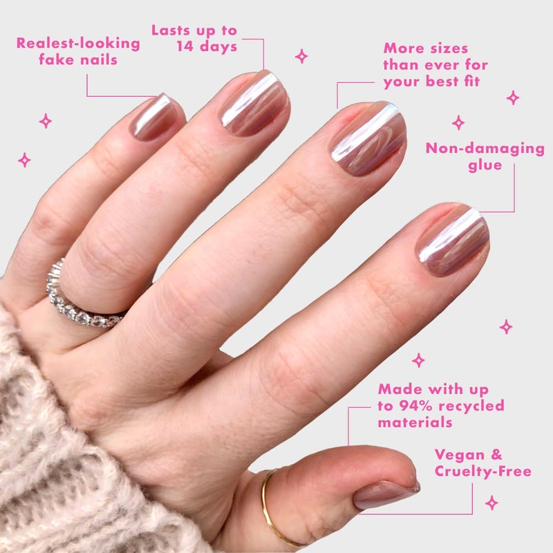 Olive & June Minimalist Instant Mani Press On Nails (Glue) | 42 Fake Nails, 21 Sizes | Non-Toxic, Long-Lasting Barely-There Look | Salon-Quality at Home | Extra Short, Squoval | Taupe Jelly Chrome - Image 4