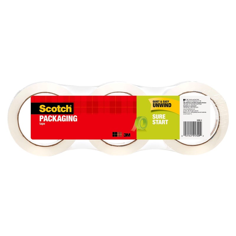 3M Scotch Sure Start Shipping Packaging Tape, 1.88" x 54.6 yd, Designed for Packing, Shipping and Mailing, Quiet Unwind, No Splitting or Tearing, 3" Core, Clear, 3 Rolls (3450-3) - Image 1