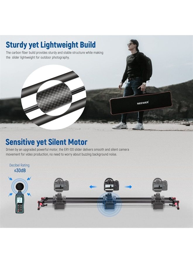 NEEWER 47.2”/120cm Motorized Camera Slider, App Wireless Control Carbon Fiber Dolly Rail Slider, Support Video Mode, Time Lapse Photography, Horizontal, Tracking and 120° Panoramic Shooting (ER1-120) - Image 3