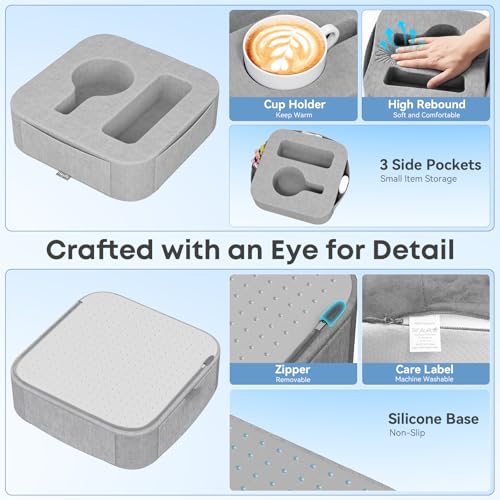 Heyife Couch Cup Holder Pillow, Couch Caddy for Drink, Snack, Phone, Remote, Game Controller, Removable and Washable Cup Cozy Pillow, Small Sofa Cup Holder Tray for Bed, Car, Desk, Sofa, Gray - Image 3