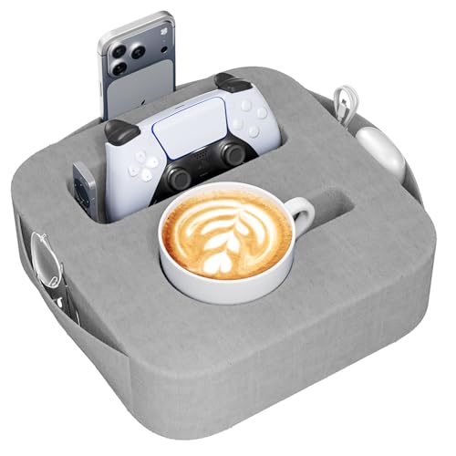Heyife Couch Cup Holder Pillow, Couch Caddy for Drink, Snack, Phone, Remote, Game Controller, Removable and Washable Cup Cozy Pillow, Small Sofa Cup Holder Tray for Bed, Car, Desk, Sofa, Gray - Image 1