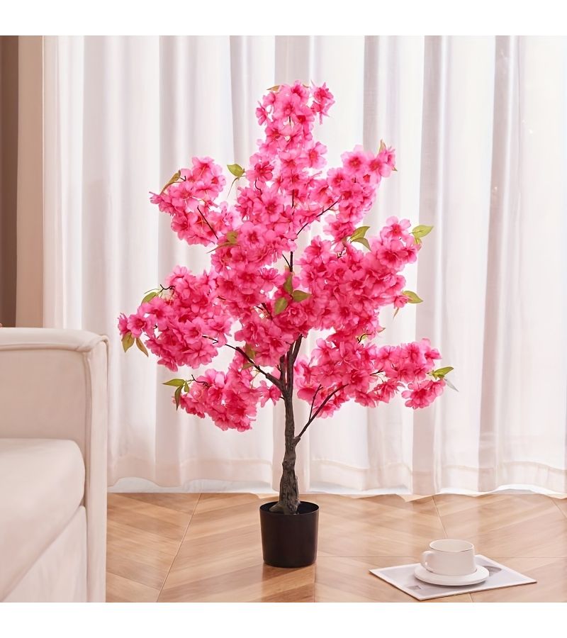 1 Pot Of Rose Red Faux Greenery Cherry Blossom Tree Potted Indoor Floor Standing Tabletop Decorative Plant - Image 4