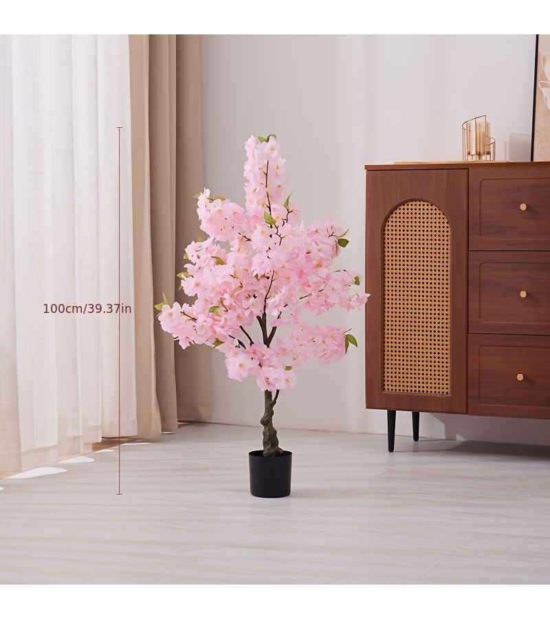 1 Pot Of Rose Red Faux Greenery Cherry Blossom Tree Potted Indoor Floor Standing Tabletop Decorative Plant - Image 3