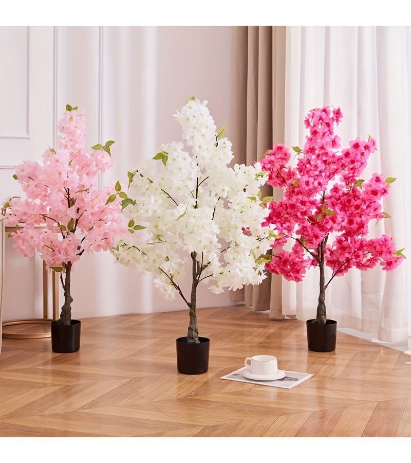 1 Pot Of Rose Red Faux Greenery Cherry Blossom Tree Potted Indoor Floor Standing Tabletop Decorative Plant - Image 1