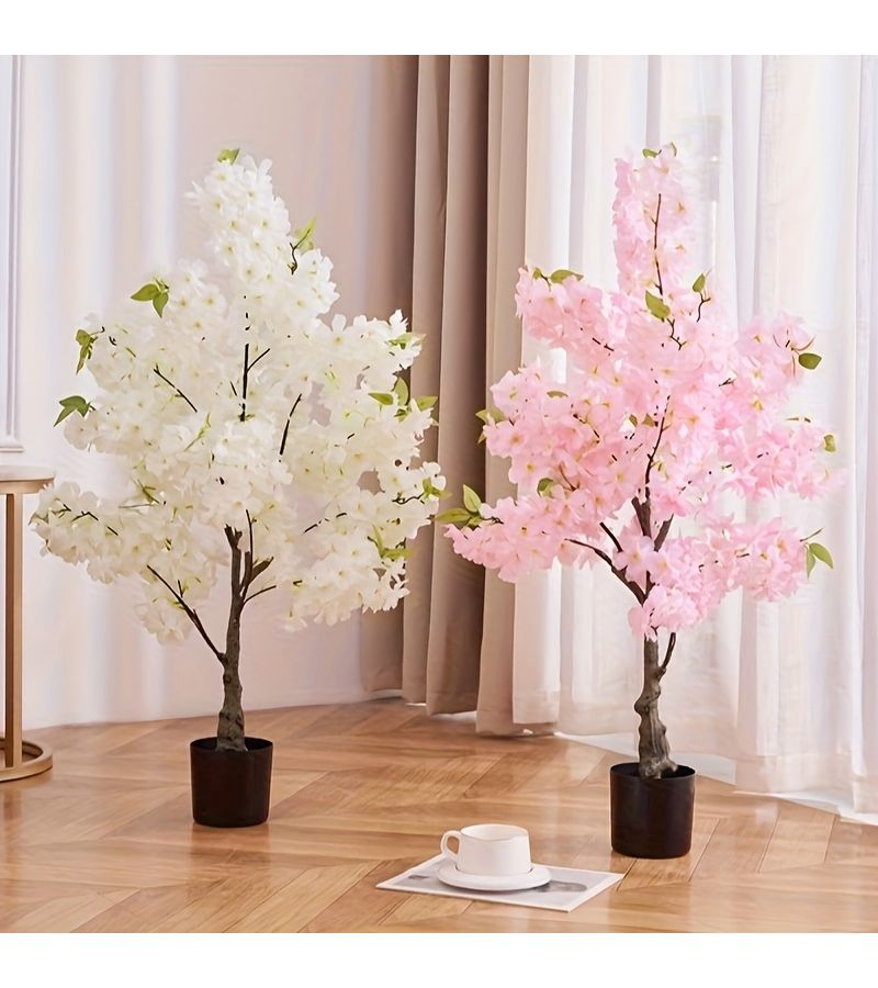 1 Pot Of Rose Red Faux Greenery Cherry Blossom Tree Potted Indoor Floor Standing Tabletop Decorative Plant - Image 2