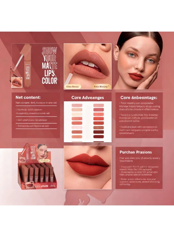 Kiss Beauty Velvet Matte Lipgloss (6-Color Set) - Image 4