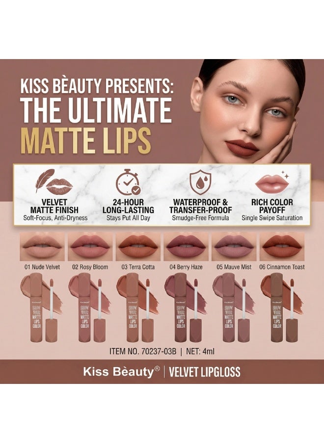 Kiss Beauty Velvet Matte Lipgloss (6-Color Set) - Image 2