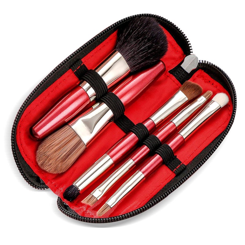 Protable Mini Makeup Brushes Set with Travel Case5PCS Cosmetic Brushes KitNatural and Synthetic HairIncludes FoundationContouringBlendingBlush And Eyeshadow BrushesTravel Size Red