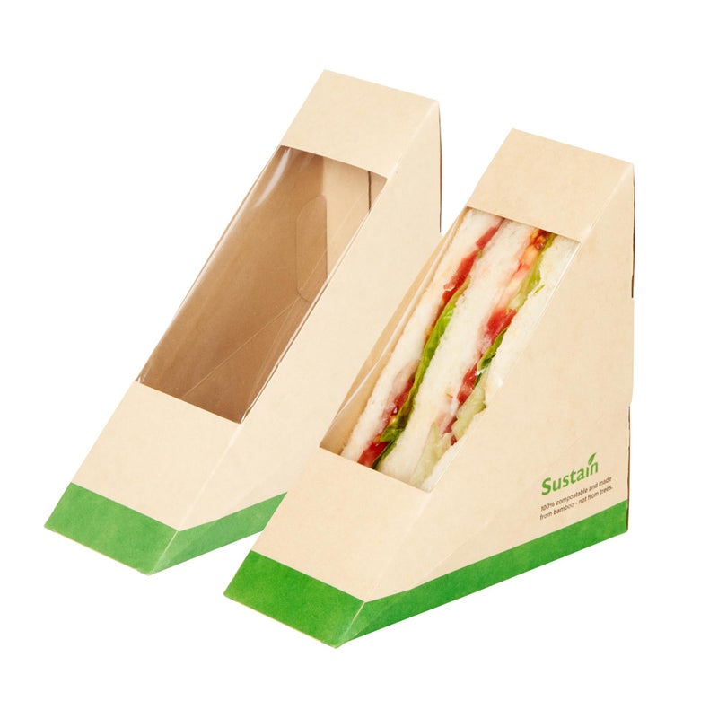 Restaurantware48 x 48 x 2 Inch Triangular Paper Sandwich Containers 25 Disposable Take Out Food Containers  PLA lining Clear PLA Window Bamboo Paper Sandwich Box Compostable Greaseproof