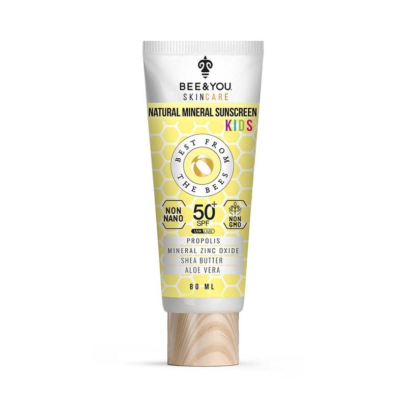 BEE & YOU Bee and You Kids 100 Natural SPF 50 Mineral Sunscreen for Kids Face and Body Water Resistant Sun Protection with Zinc Oxide  Bee Propolis Hypoallergenic 27 oz 80 mL