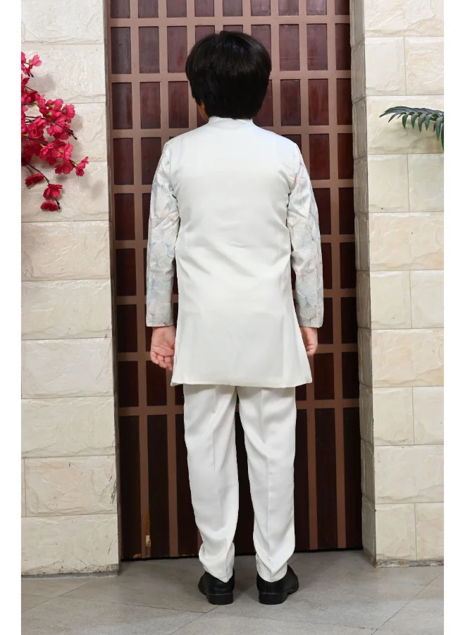 BT DEZINES Boys Cream Satin Floral Sherwani & Pants Set