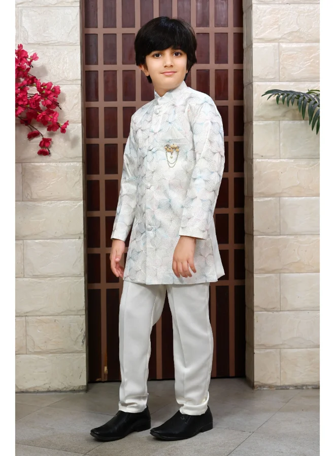 BT DEZINES Boys Cream Satin Floral Sherwani & Pants Set