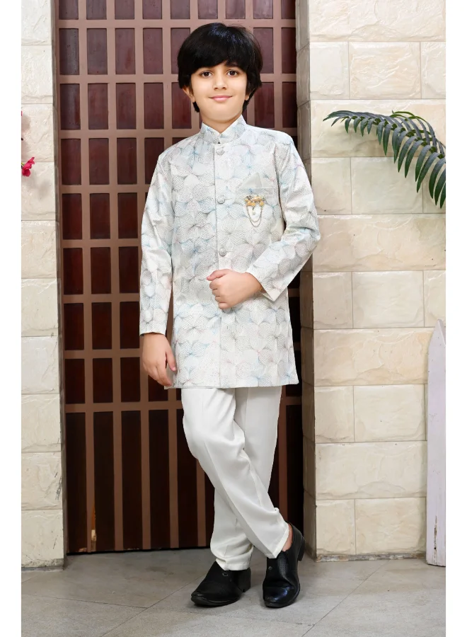 BT DEZINES Boys Cream Satin Floral Sherwani & Pants Set