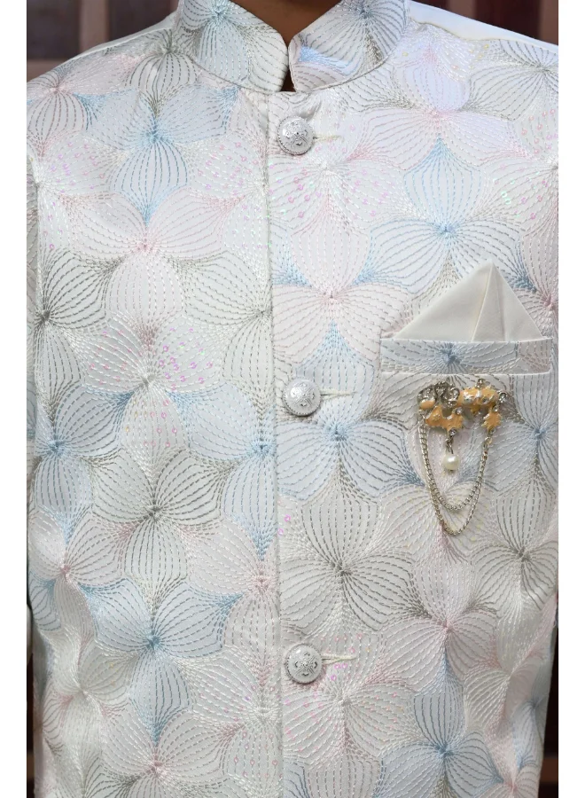 BT DEZINES Boys Cream Satin Floral Sherwani & Pants Set