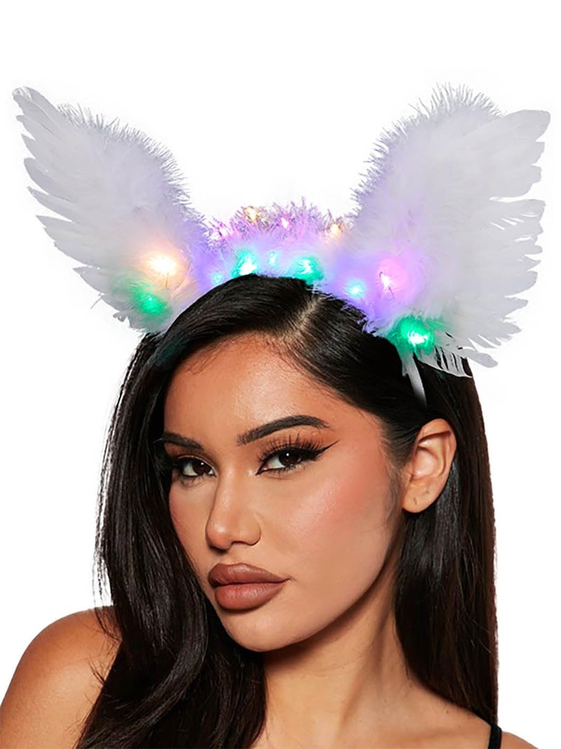 Light Up Feather Wing Headband White LED Fairy Headbands Halloween Elf Headpiece Costume Hairbands Holiday Hair Accessories for Women White