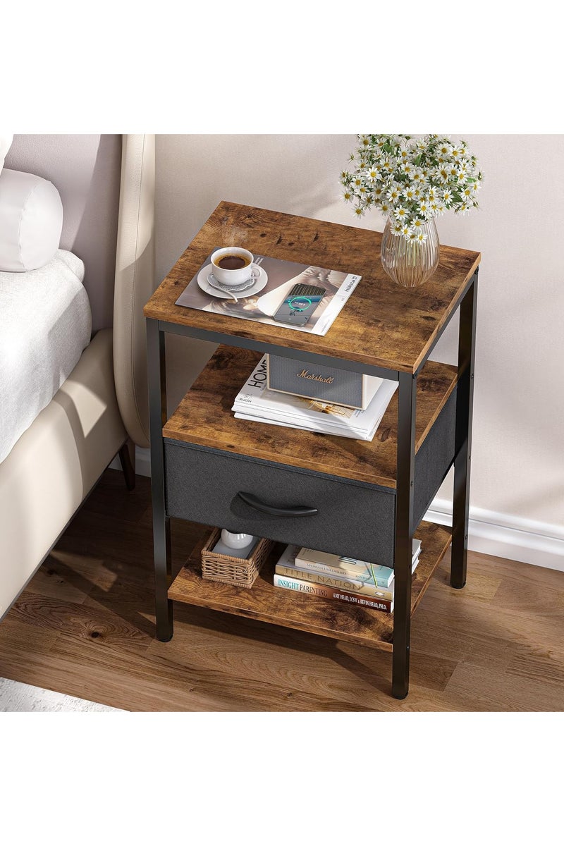 تشولوفز طاولة بجانب السرير، طاولة بجانب السرير مع درج قماش قابل للتعديل، حامل بجانب السرير لغرفة النوم، طاولة جانبية للتخزين بثلاث طبقات لغرفة المعيشة، لون بني ريفي وأسود - Image 4