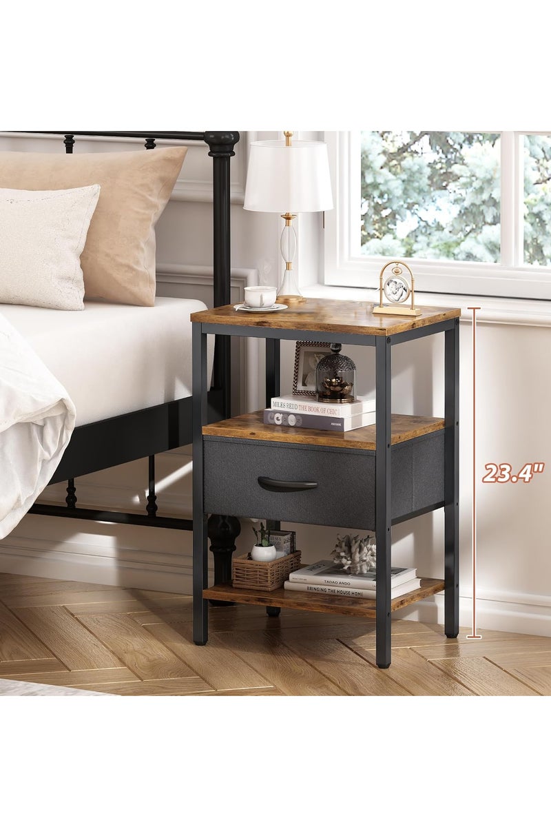 تشولوفز طاولة بجانب السرير، طاولة بجانب السرير مع درج قماش قابل للتعديل، حامل بجانب السرير لغرفة النوم، طاولة جانبية للتخزين بثلاث طبقات لغرفة المعيشة، لون بني ريفي وأسود - Image 5