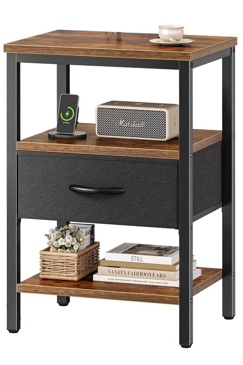 تشولوفز طاولة بجانب السرير، طاولة بجانب السرير مع درج قماش قابل للتعديل، حامل بجانب السرير لغرفة النوم، طاولة جانبية للتخزين بثلاث طبقات لغرفة المعيشة، لون بني ريفي وأسود - Image 1