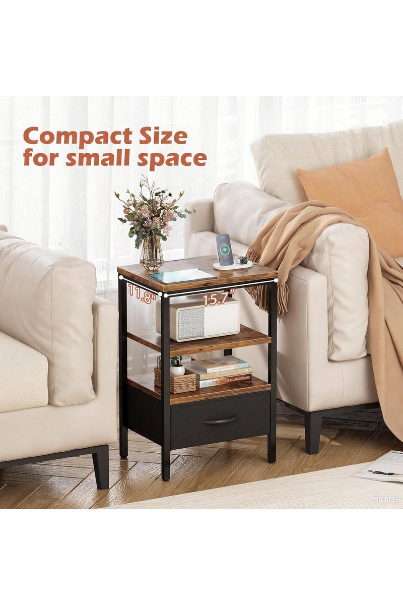 تشولوفز طاولة بجانب السرير، طاولة بجانب السرير مع درج قماش قابل للتعديل، حامل بجانب السرير لغرفة النوم، طاولة جانبية للتخزين بثلاث طبقات لغرفة المعيشة، لون بني ريفي وأسود - Image 3