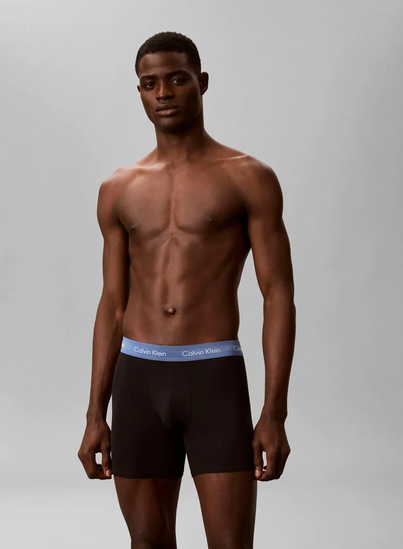 CALVIN KLEIN BLACK W DRIFTWOOD WB/ MOONLIGHT BLU 3 Pack Boxer Briefs - Cotton Stretch for Men | Best Price UAE