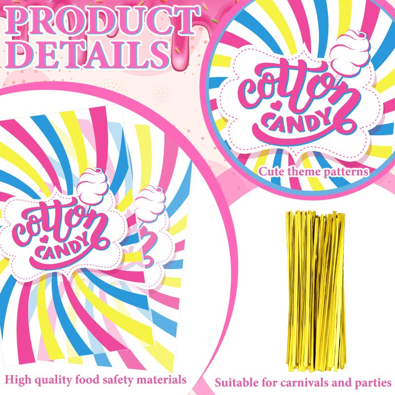 Wesnoy 200 Pcs Carnival Cotton Candy Bags with Ties Large Bags for Cotton Candy with Print for Carnivals Circus Party Favors Supplies 18.5 x 11.5 Inches - Image 3
