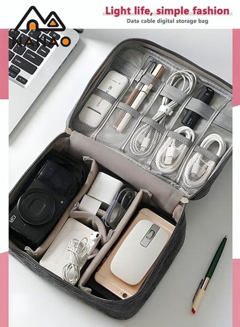 NANAO Electronic Organizer Bag Travel Cable Accessories Double Layer Large Waterproof Storage Case for Adapter, Chargers, Power Bank, Mouse,iPad, Phone, Kindle, SD Card, Wires, Cords, Drive, Grey - Image 2