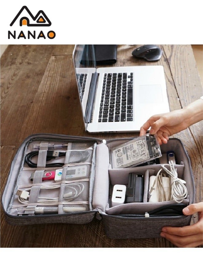 NANAO Electronic Organizer Bag Travel Cable Accessories Double Layer Large Waterproof Storage Case for Adapter, Chargers, Power Bank, Mouse,iPad, Phone, Kindle, SD Card, Wires, Cords, Drive, Grey - Image 4