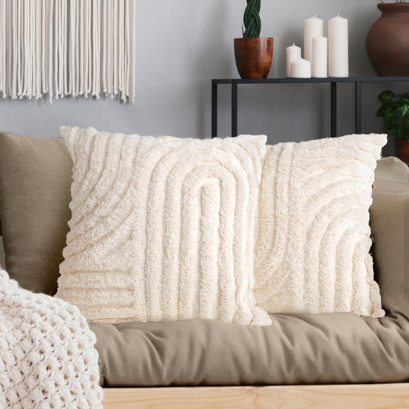 AELS AELS Boho Decorative Textured Throw Pillow Covers 18x18 Set of 2 Modern Abstract Mid Century Rainbow Tufted Pillow Case Farmhouse Rustic Neutral Woven Cushion Case for Bed Couch Sofa Creamy White