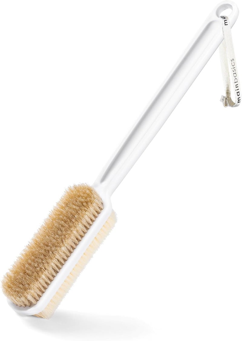MainBasics Back Scrubber for Shower – Long Handle Dual-Sided Brush for Body Wash & Scrubbing with Exfoliating & Soft Bristles (White, Plastic) - Image 1