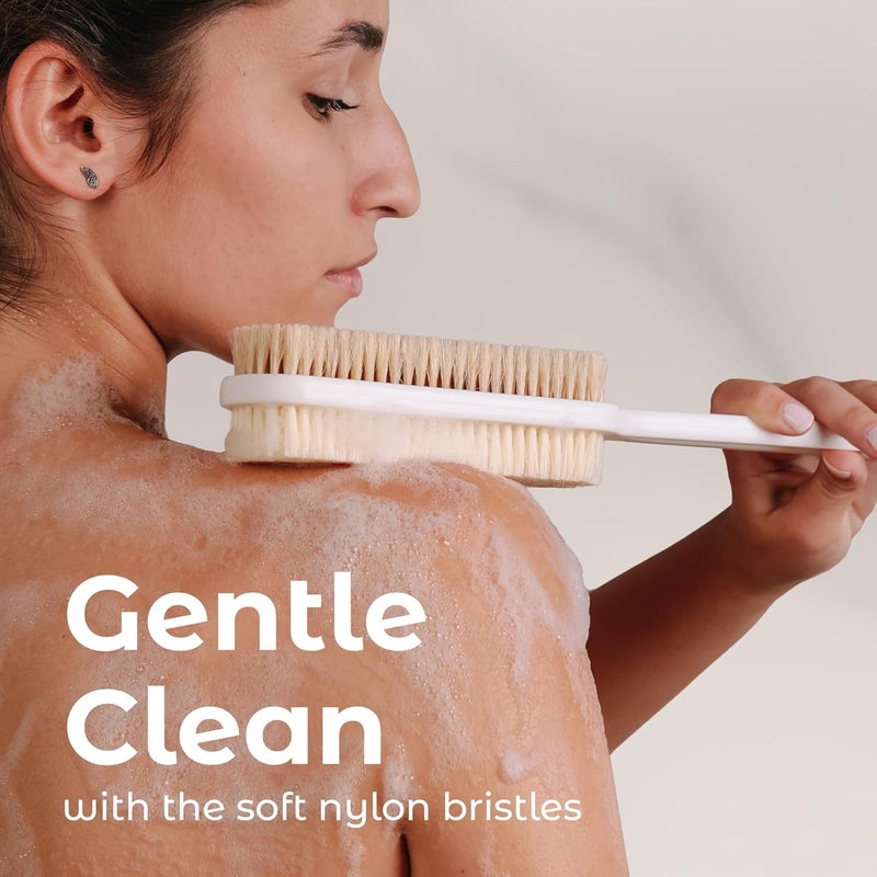 MainBasics Back Scrubber for Shower – Long Handle Dual-Sided Brush for Body Wash & Scrubbing with Exfoliating & Soft Bristles (White, Plastic) - Image 5