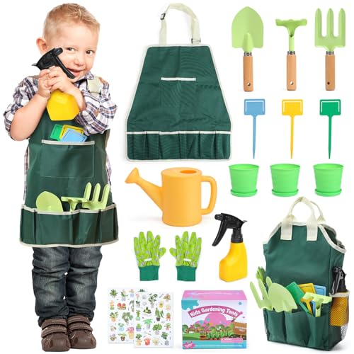 CUTE STONE Kids Gardening Tool Set 20PCS Gardening Toys Includes Metal RakeForkTrowelApronGlovesWatering CanTote Bag and Strickers Garden Tool Kit for Kids Outdoor Toys Gift for Boys Girls - Image 1