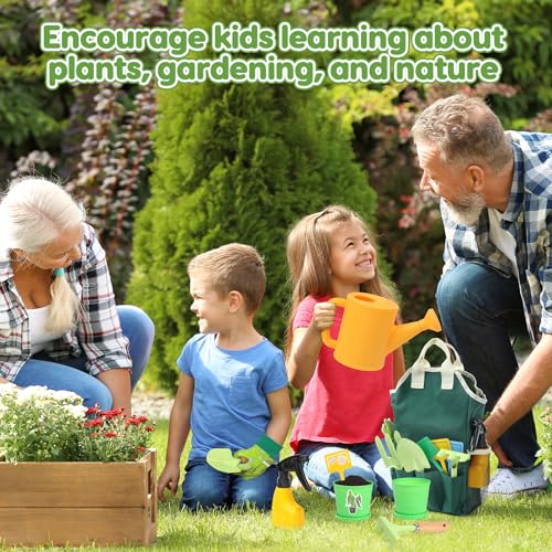 CUTE STONE Kids Gardening Tool Set 20PCS Gardening Toys Includes Metal RakeForkTrowelApronGlovesWatering CanTote Bag and Strickers Garden Tool Kit for Kids Outdoor Toys Gift for Boys Girls - Image 5