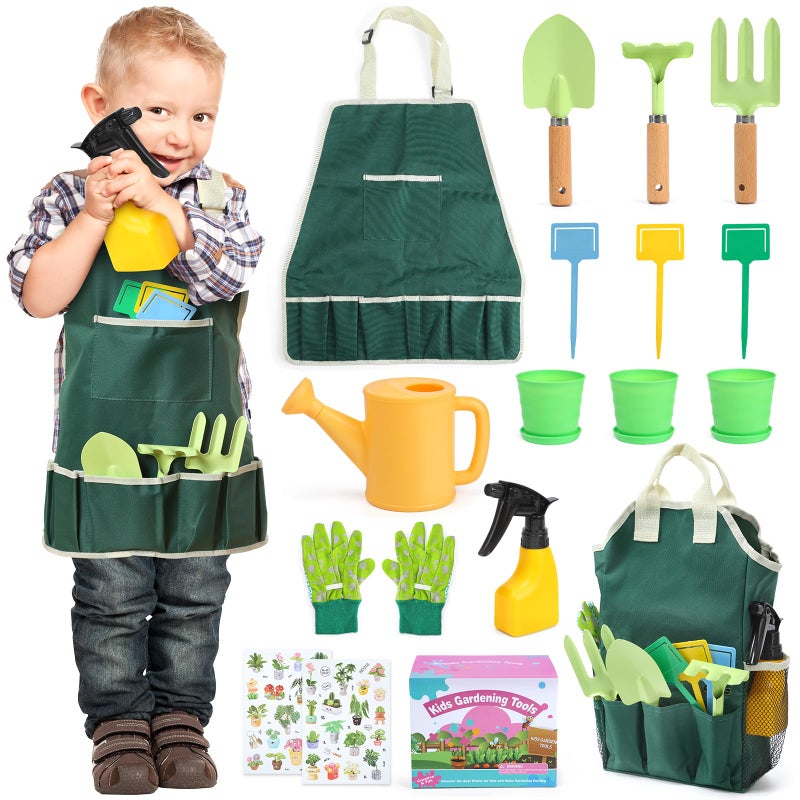 CUTE STONE Kids Gardening Tool Set 20PCS Gardening Toys Includes Metal RakeForkTrowelApronGlovesWatering CanTote Bag and Strickers Garden Tool Kit for Kids Outdoor Toys Gift for Boys Girls - Image 4