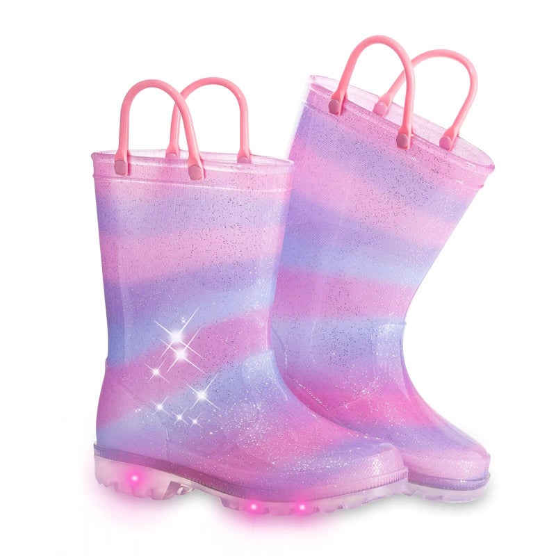 FUNCOO PLUS Toddler Kids Rain Boots Boys Girls Light Up Waterproof Boot with Handles, Toddler Size 9, Pink Purple Blue - Image 1
