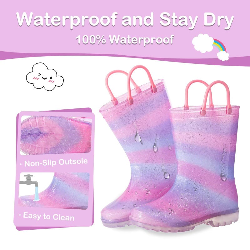 FUNCOO PLUS Toddler Kids Rain Boots Boys Girls Light Up Waterproof Boot with Handles, Toddler Size 9, Pink Purple Blue - Image 4